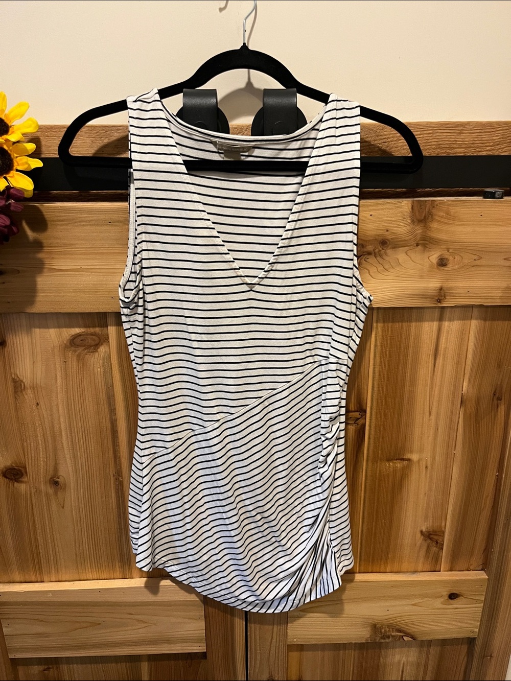 Banana Republic White and Black Striped V-Neck Draped Tank